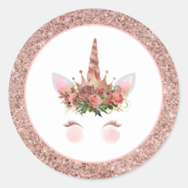 Pegatina Redonda Princesa de Unicornio de Oro Rosa