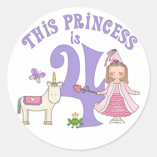 Pegatina Redonda Princesa de Unicornio por su cuarto cumpleaños (Anverso)