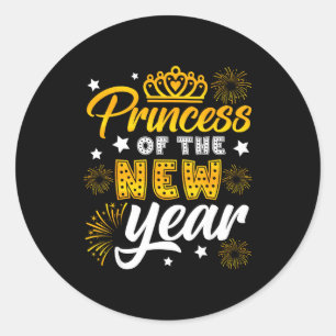 Pegatina Redonda Princesa del Año Nuevo 2026 Nochevieja Fuegos Arti