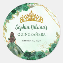Pegatina Redonda Princesa Floral de oro verde esmeralda Tiara Favor