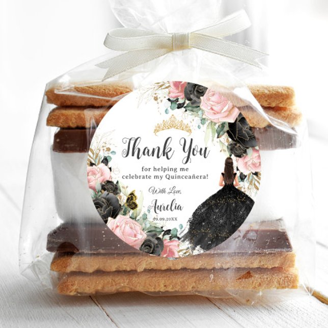 Pegatina Redonda Princesa Floral Rosa Negra Vestida Dorada Quinceañ (Subido por el creador)