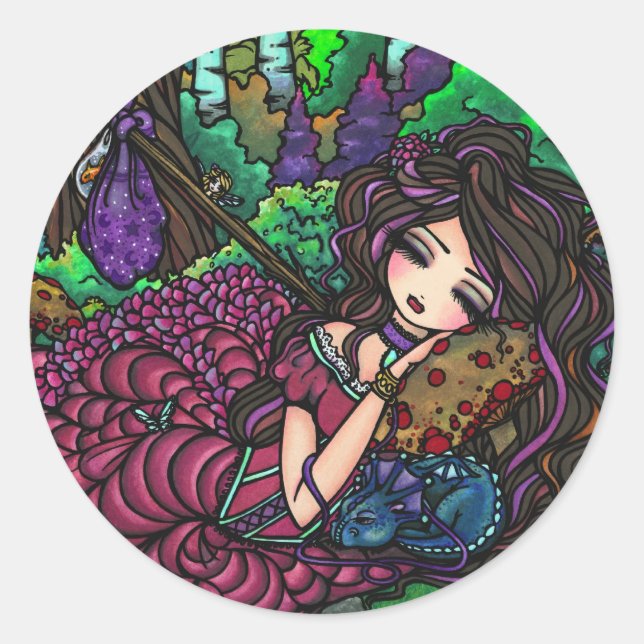Pegatina Redonda "Princesa fugitiva" Fairy Dragon Fantasy Forest Ar (Anverso)