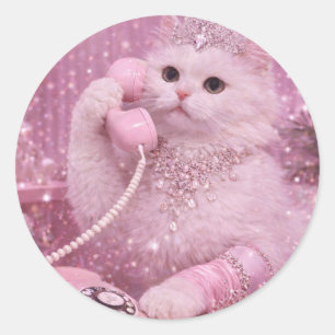 Pegatina Redonda Princesa Glamurosa Gato Usando Teléfono Rosa