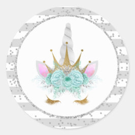 Pegatina Redonda Princesa Monta, Plata y Oro Unicornio
