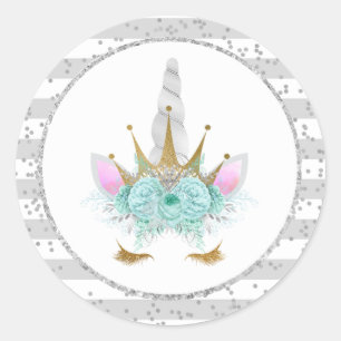 Pegatina Redonda Princesa Monta, Plata y Oro Unicornio