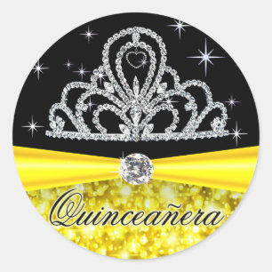 Pegatina Redonda Princesa negra amarilla Tiara Quinceanera Bling