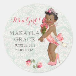 Pegatina Redonda Princesa Niña AfroamericanaPersonaliza Nombre