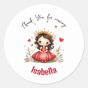 Pegatina Redonda Princesa pequeña con vestido rojo