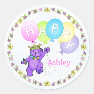 Pegatina Redonda Princesa púrpura linda Bear Happy Balloons