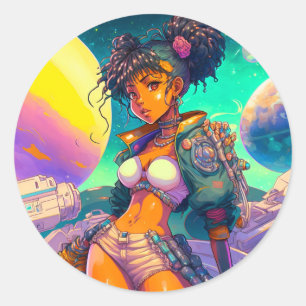 Pegatina Redonda Princesa Retro Anime del Espacio Manga