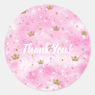 Pegatina Redonda Princesa Rosa Corazón Estrellas y Fiesta de Cumple