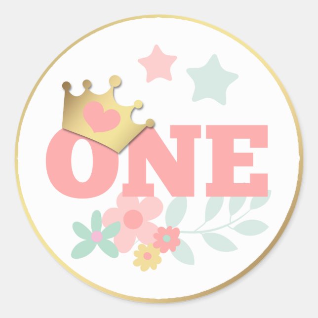 Pegatina Redonda Princesa Rosa "Una" Niña Heredera Primer Cumpleaño (Anverso)