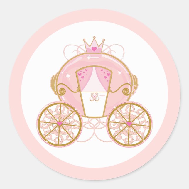 Pegatina Redonda Princesa Royal Carriage Pink & Gold Birday Party (Anverso)