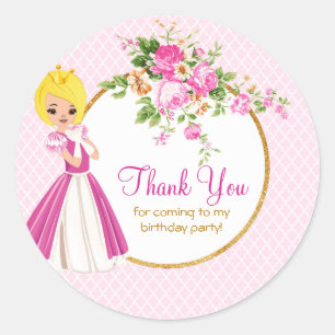 Pegatina Redonda Princesa rubia bonita Birthday Thank You Sticker