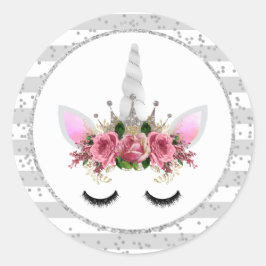 Pegatina Redonda Princesa Unicorn Purpurina Plata
