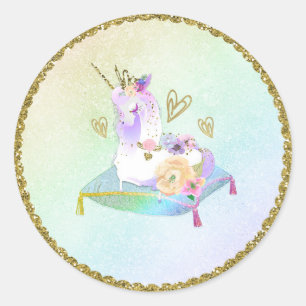 Pegatina Redonda Princesa Unicornio Arcoíris Pastel Fiesta Iridesce