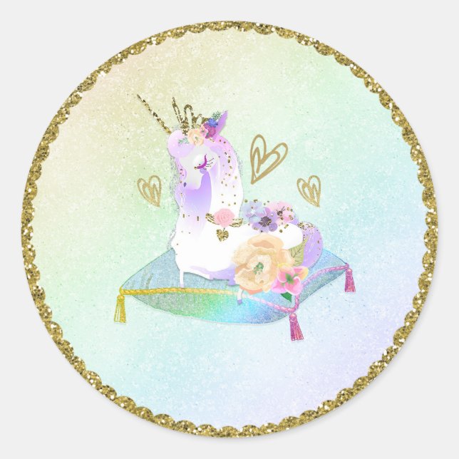 Pegatina Redonda Princesa Unicornio Arcoíris Pastel Fiesta Iridesce (Anverso)