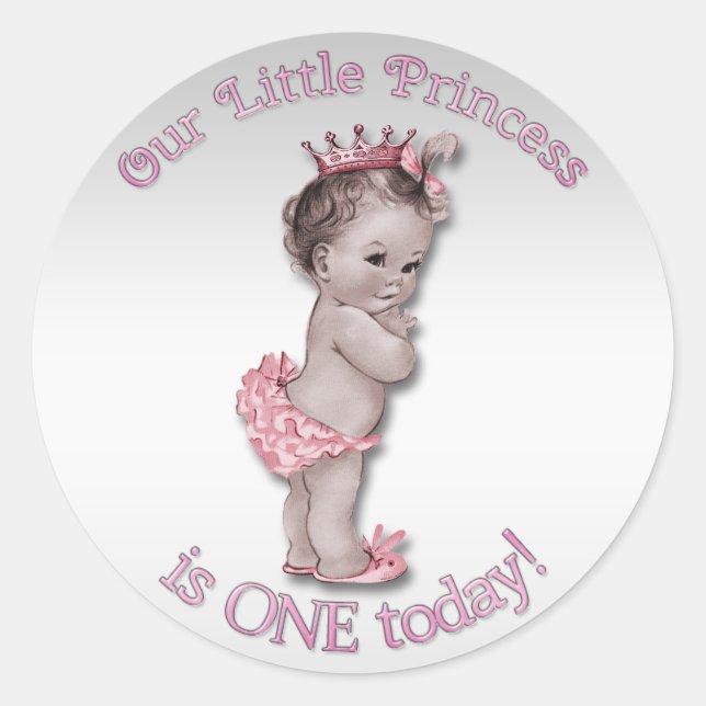 Pegatina Redonda Princesa Vintage Bebé Un Año Cumpleaños (Anverso)