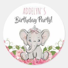 Pegatina Redonda Princess Tiara Elefante Flores Rosadas Cumpleaños