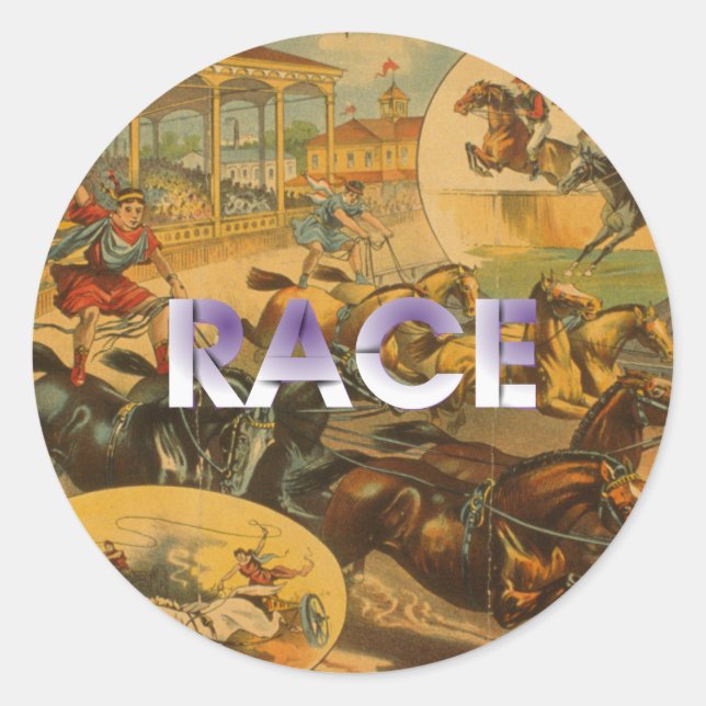 Pegatina Redonda PRINCIPAL Carrera de Caballos (Anverso)