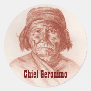 Pegatina Redonda Principal Geronimo, retrato histórico indio de