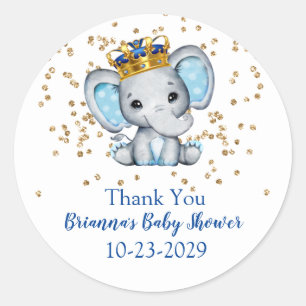 Pegatina Redonda Príncipe Azul Real Oro Elefante Niño Baby Shower