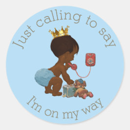 Pegatina Redonda Príncipe étnico al teléfono Baby Shower gris azul