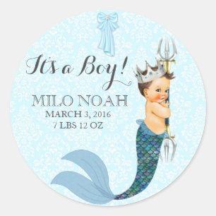 Pegatina Redonda Príncipe Merboy Niño Mermano Corona