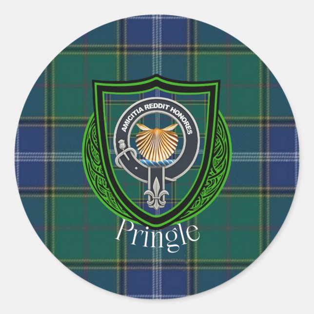 Pegatina Redonda Pringle Scottish Clan Tartan & Crest (Anverso)