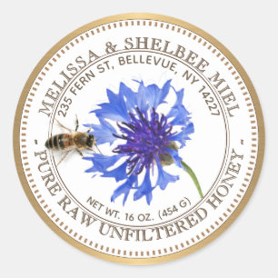 Pegatina Redonda Producto de Miel Editable Flor de Abeja Azul Borde