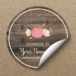 Pegatina Redonda Producto hecho a mano Vintage Floral Rusood<br><div class="desc">Pegatinas de negocios de madera rústica floral artesanales de Vintage.</div>