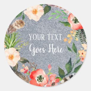 Pegatina Redonda Producto hecho a mano Vintage Floral Wreath Purpur