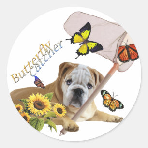 Pegatina Redonda Productos de bulldog Butterfly Catcher