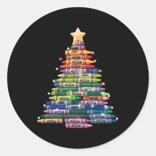 Pegatina Redonda Profesor Crayon Árbol de Navidad enciende escuela 