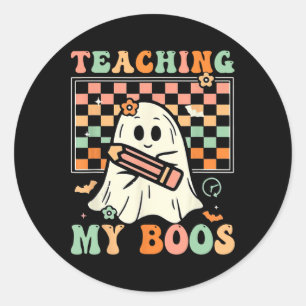 Pegatina Redonda Profesor Cute Ghost Groovy Teacher Halloween Teach