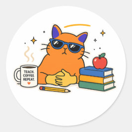 Pegatina Redonda Profesor de Gato Divertido