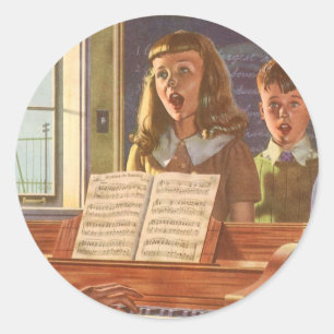 Pegatina Redonda Profesor de música vintage enseñando a los estudia