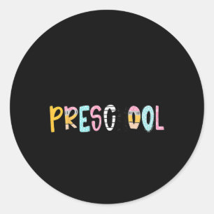 Pegatina Redonda Profesor Preparado Lápiz Cuaderno Hola Preescolar 