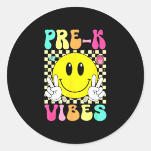 Pegatina Redonda Profesor vibra prek sonrisa retro cara de vuelta a