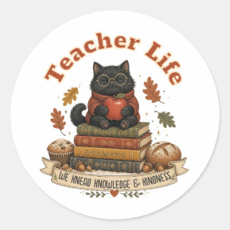 Pegatina Redonda Profesor Vida Gato Negro Otoño Aula Personalizado