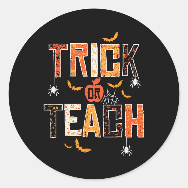 Pegatina Redonda Profesoras De Halloween Trick O Teach Retro Hallow (Anverso)