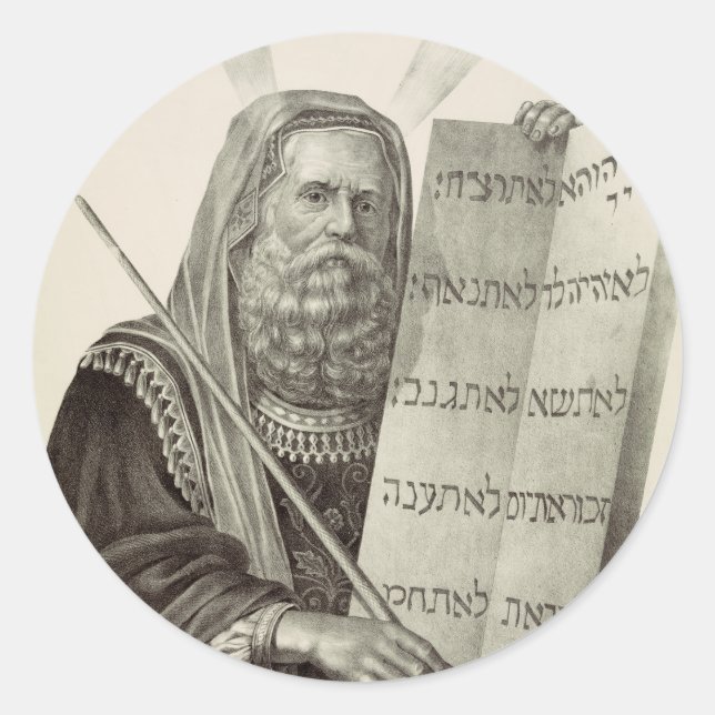 Pegatina Redonda Profeta Moisés con las Tablas de la Ley (Anverso)