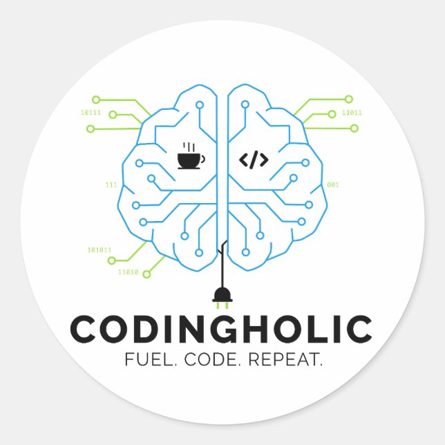 Pegatina Redonda Programador cerebro tecnológico Codingholic (Anverso)