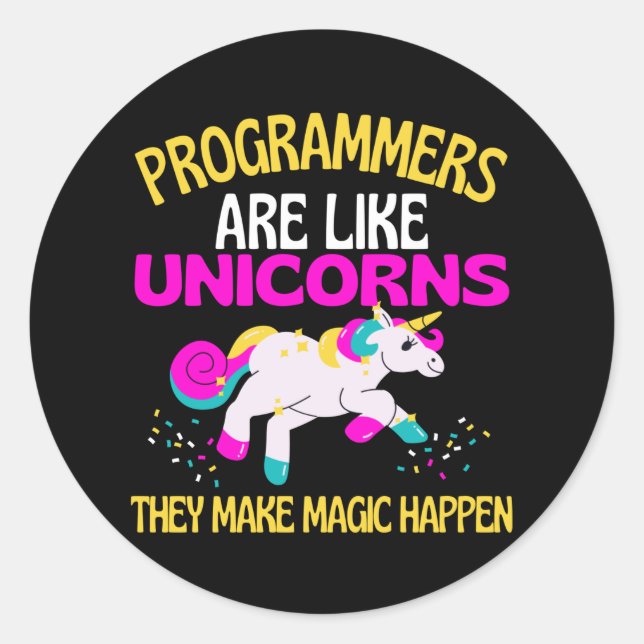 Pegatina Redonda Programador Unicorn , Magníficos programadores uni (Anverso)