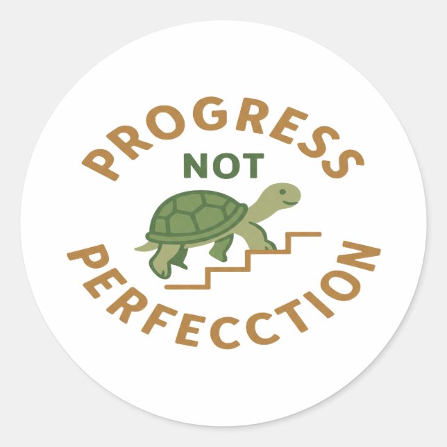Pegatina Redonda Progreso no Perfección - Tortuga Motivacional Ador (Anverso)