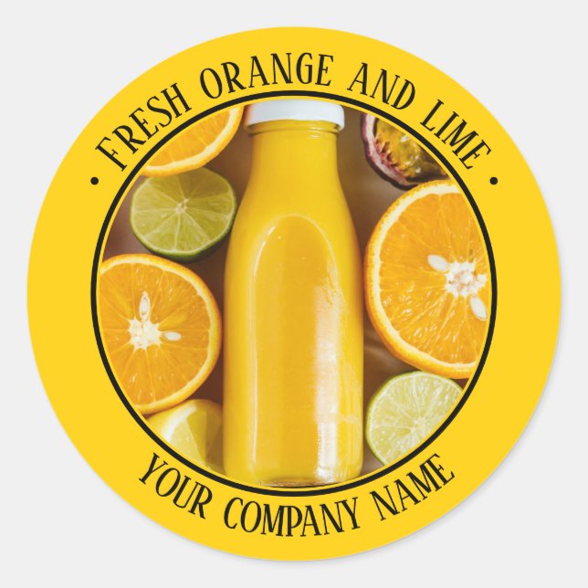 Pegatina Redonda Promoción de producto Amarillo Naranja y Lima Fres (Anverso)