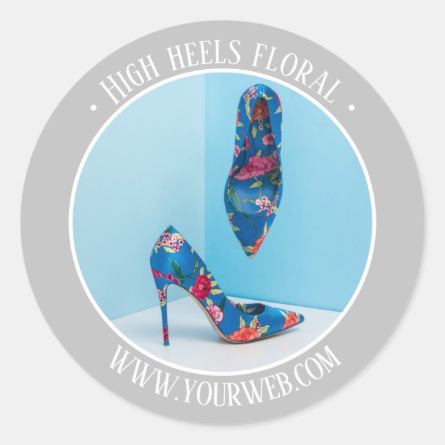 Pegatina Redonda Promoción de producto de texto blanco gris platead (Anverso)