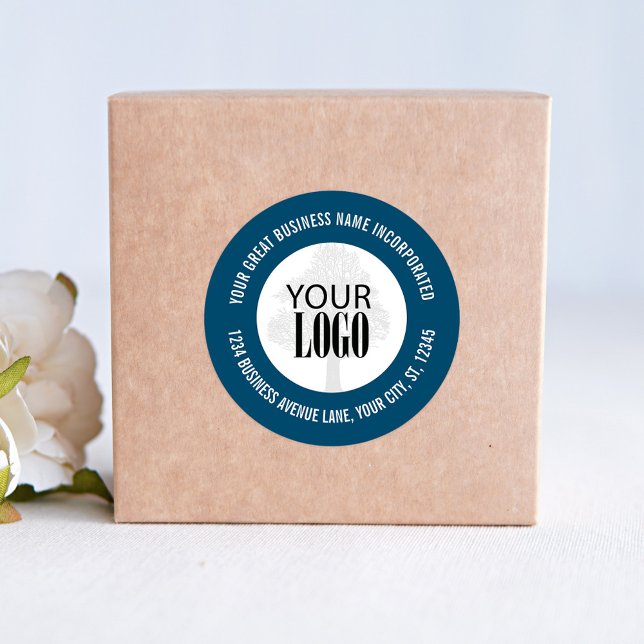 Pegatina Redonda Promocional Empresarial Agrega tu Logo Azul (Add your logo blue and white business sticker. )