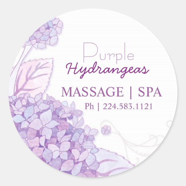 Pegatina Redonda Promovimiento de negocio de Hidrangeas Púrpura (Anverso)