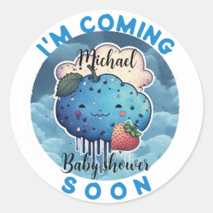 Pegatina Redonda Pronto voy a venir a la divertida Baby Shower Blue